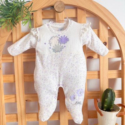 Macacão Malha Trape Zape - Flores com Paetê - Off White e Lilás